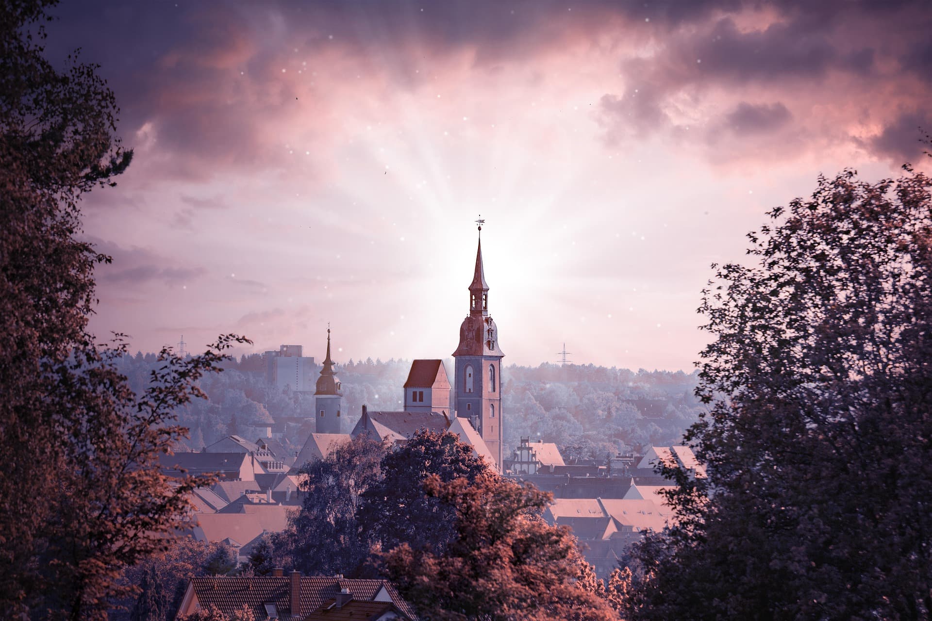 A church sanctuary at dusk